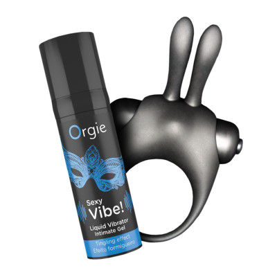 Набір для пари Orgie Vibe! Bunny (ерекційне віброкільце + рідкий вібратор)