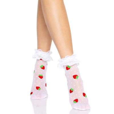 Шкарпетки жіночі з полуничним принтом Leg Avenue Strawberry ruffle top anklets One size, мереживні манж