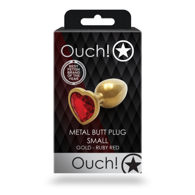 Металева анальна пробка Ouch! Heart Gem S, золотисто/червона