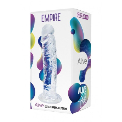 Прозорий фалоімітатор Alive Jelly Dildo Empire, ТПЕ, присоска, діаметр 4.3 см, довжина 19.3 см (мʼята упаковка)