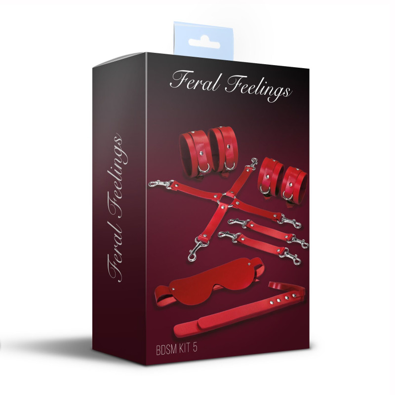 Набір Feral Feelings BDSM Kit 5 Red, наручники, поножі, конектор, маска, паддл
