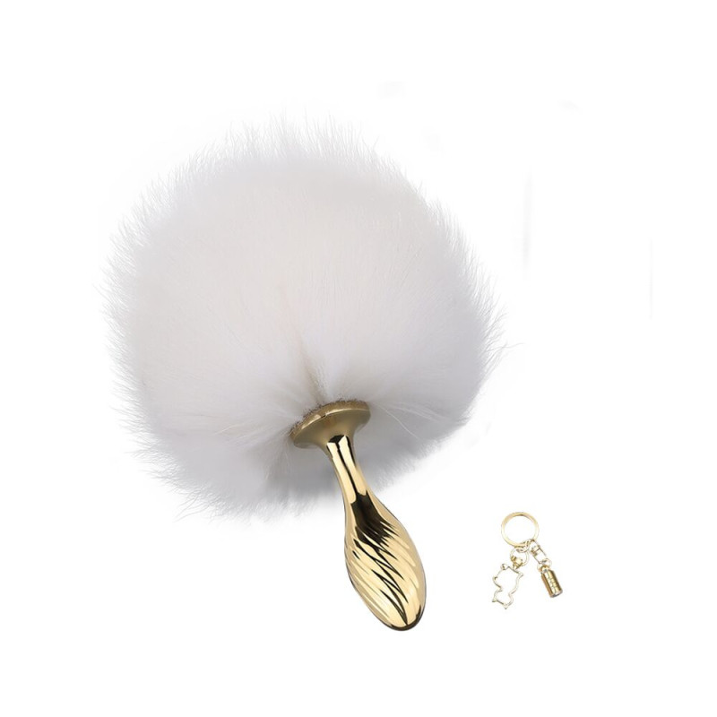 Металева анальна пробка Кролячий хвіст LOCKINK SEVANDA White Bunny-Tail Anal Pear-shape Plug