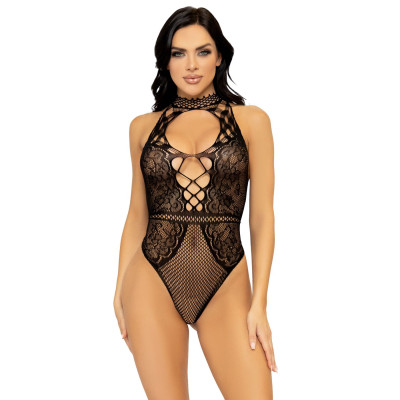 Боді Leg Avenue Net and lace halter bodysuit OS Black
