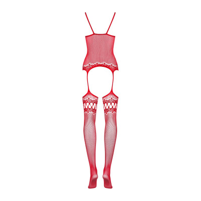 Бодістокінг Obsessive Bodystocking F214 red S/L, імітація корсету та панчох на підв'язках