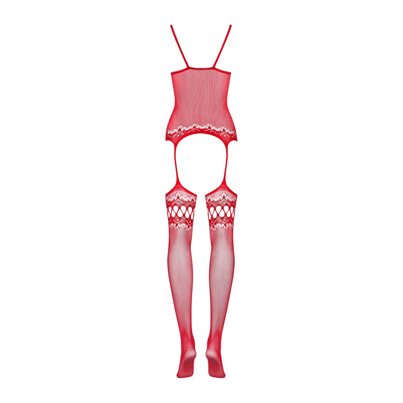 Бодістокінг Obsessive Bodystocking F214 red S/L, імітація корсету та панчох на підв'язках