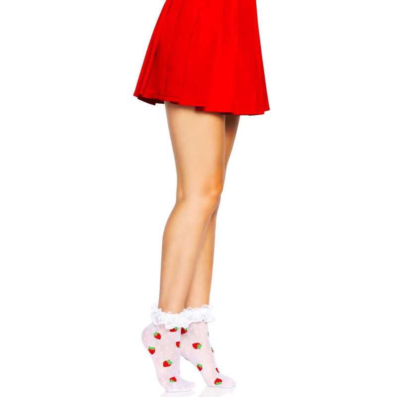 Шкарпетки жіночі з полуничним принтом Leg Avenue Strawberry ruffle top anklets One size, мереживні манж