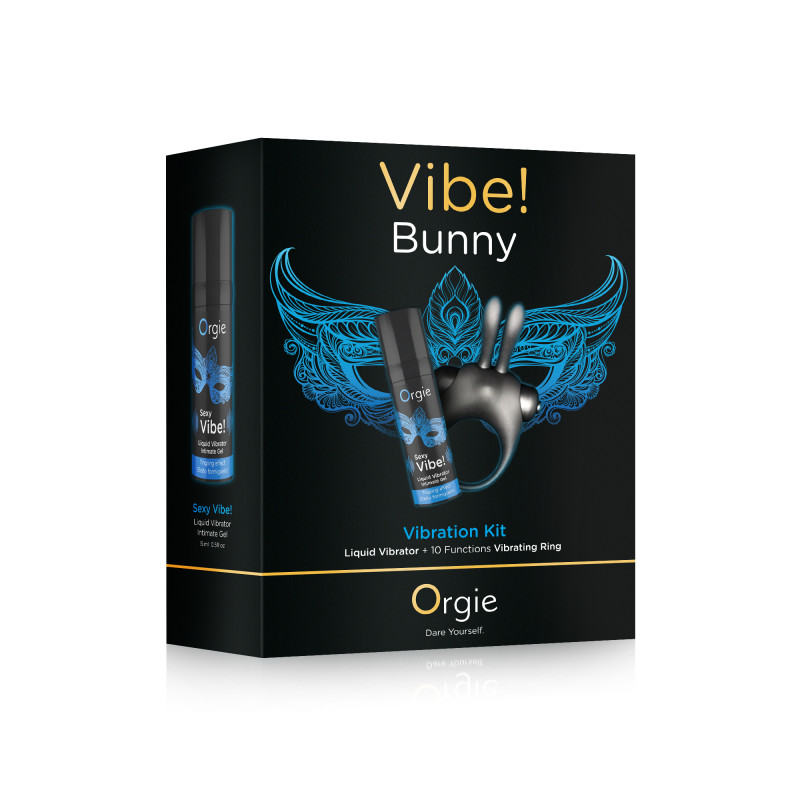 Набір для пари Orgie Vibe! Bunny (ерекційне віброкільце + рідкий вібратор)