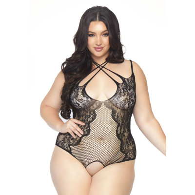 Тедді з відкритим доступом Leg Avenue Net і lace crotchless teddy 1X-2X Black, шнурівка на с