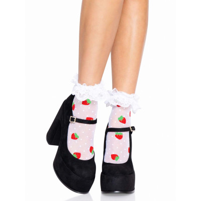 Шкарпетки жіночі з полуничним принтом Leg Avenue Strawberry ruffle top anklets One size, мереживні манж