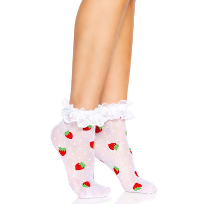 Шкарпетки жіночі з полуничним принтом Leg Avenue Strawberry ruffle top anklets One size, мереживні манж