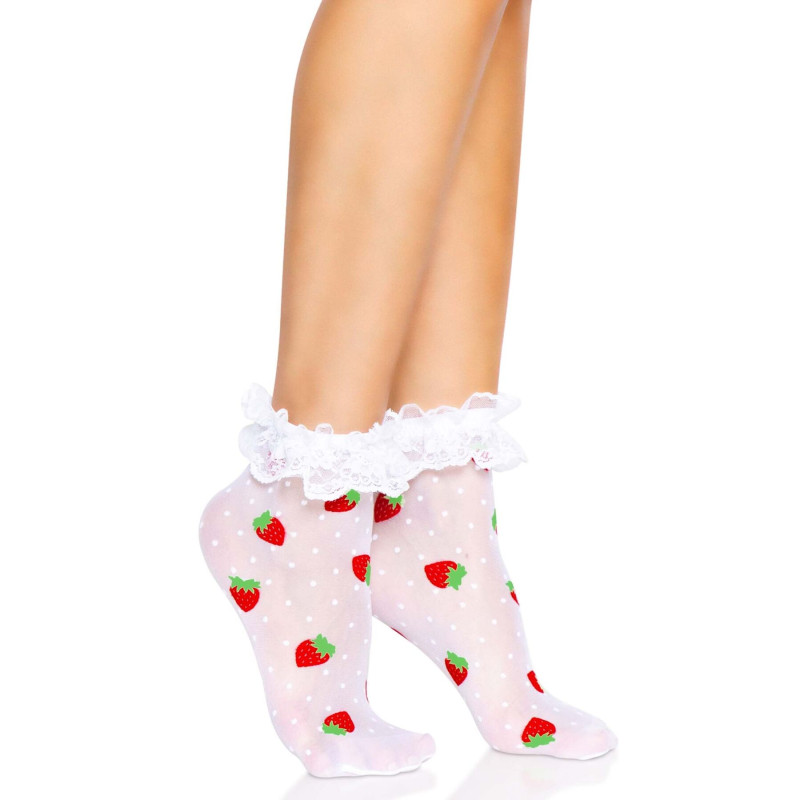 Шкарпетки жіночі з полуничним принтом Leg Avenue Strawberry ruffle top anklets One size, мереживні манж