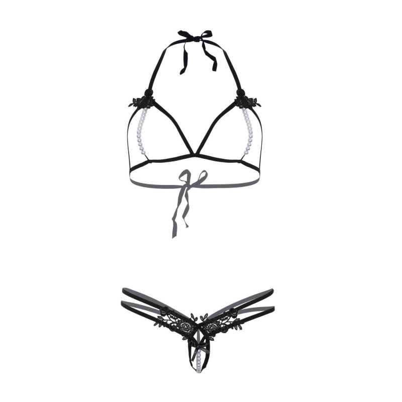Комплект Leg Avenue Open cup bra and pearl panty Black