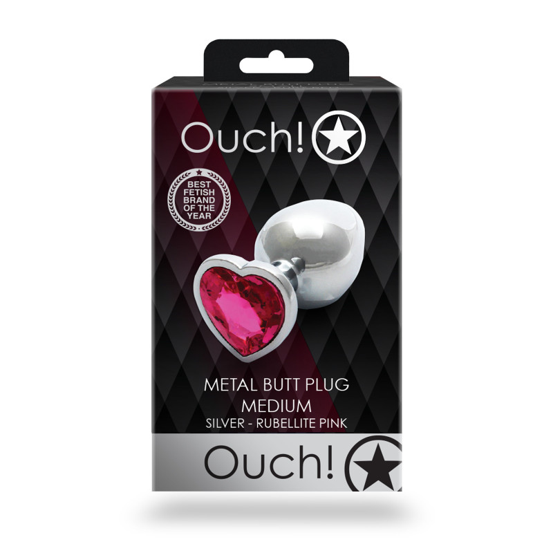 Металева анальна пробка Ouch! Heart Gem M, сріблясто/рожева