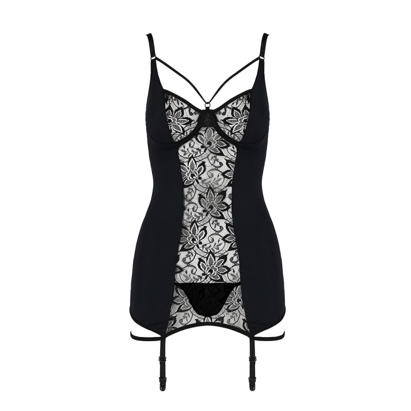 Сорочка приталена з пажами PAULINE CHEMISE black L/XL Passion, трусики