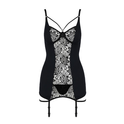 Сорочка приталена з пажами PAULINE CHEMISE black XXL/XXXL - Passion, трусики