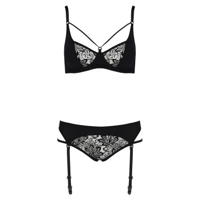 Комплект білизни PAULINE SET black L/XL Passion: стрепи: ліф, стрінги і пасок для панчіх