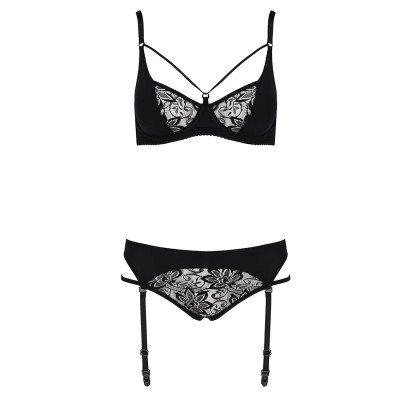 Комплект білизни PAULINE SET black XXL/XXXL - Passion: стрепи: ліф, стрінги і пасок для панчіх
