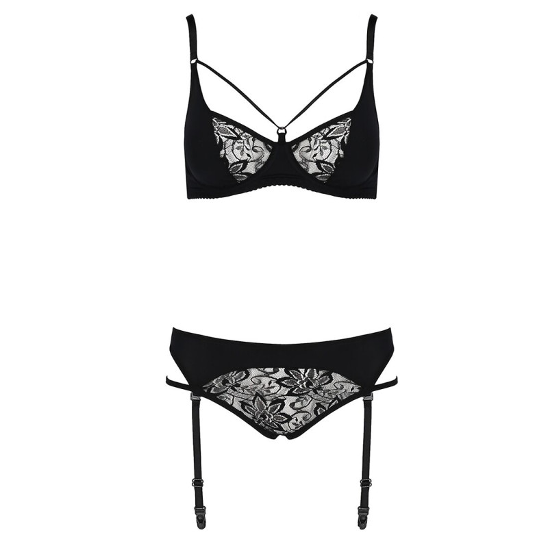 Комплект білизни PAULINE SET black XXL/XXXL - Passion: стрепи: ліф, стрінги і пасок для панчіх