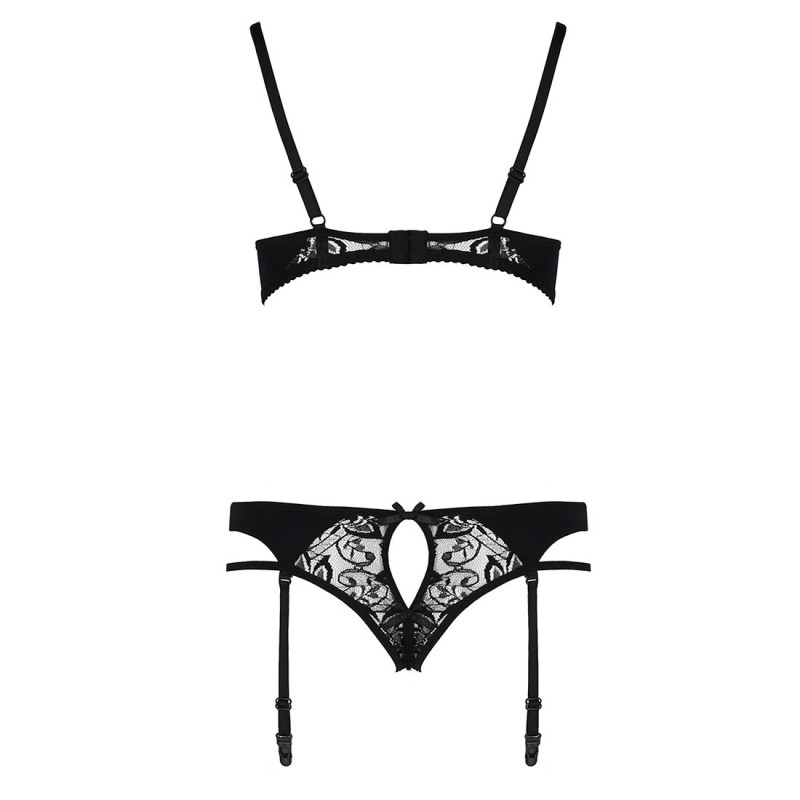 Комплект білизни PAULINE SET black XXL/XXXL - Passion: стрепи: ліф, стрінги і пасок для панчіх