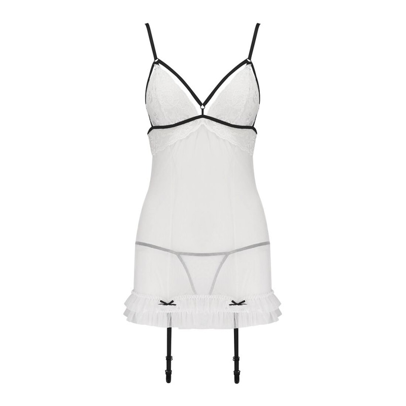 Сорочка прозора з пажами ORIHIME CHEMISE white L/XL - Passion, трусики, стрепи