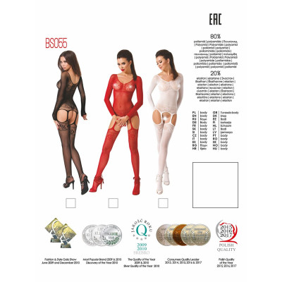 Еротичне бодістокінг Passion BS055 Red, комбінезон, імітація панчіх і паска, довгий рукав, закрите плече