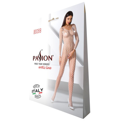 Еротичне бодістокінг Passion BS068 White, комбінезон, велика сітка, довгий рукав