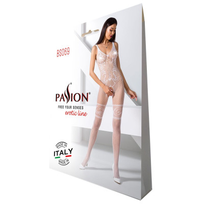 Еротичне бодістокінг Passion BS069 White, комбінезон, імітація панчіх і еротичне боді