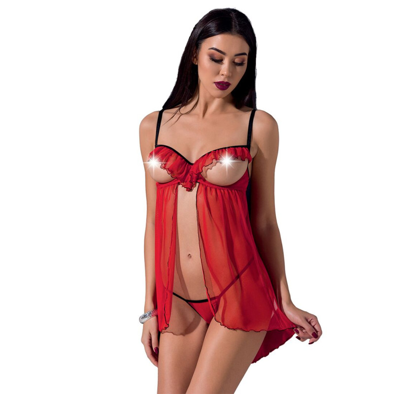Прозорий пенюар з відкритими грудьми CHERRY CHEMISE red S/M - Passion Exclusive, трусики
