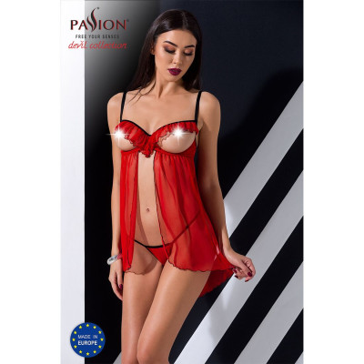 Прозорий пенюар з відкритими грудьми CHERRY CHEMISE red S/M - Passion Exclusive, трусики