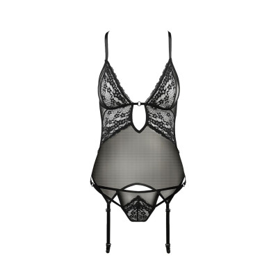 Корсет з декольте ERZA CORSET Black L/XL - Passion, пажі, трусики, напівпрозорий
