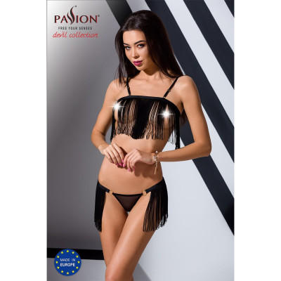 Комплект білизни KASSANDRA SET OpenBra black L/XL - Passion Exclusive: ліф з бахроми, трусики-спідниця