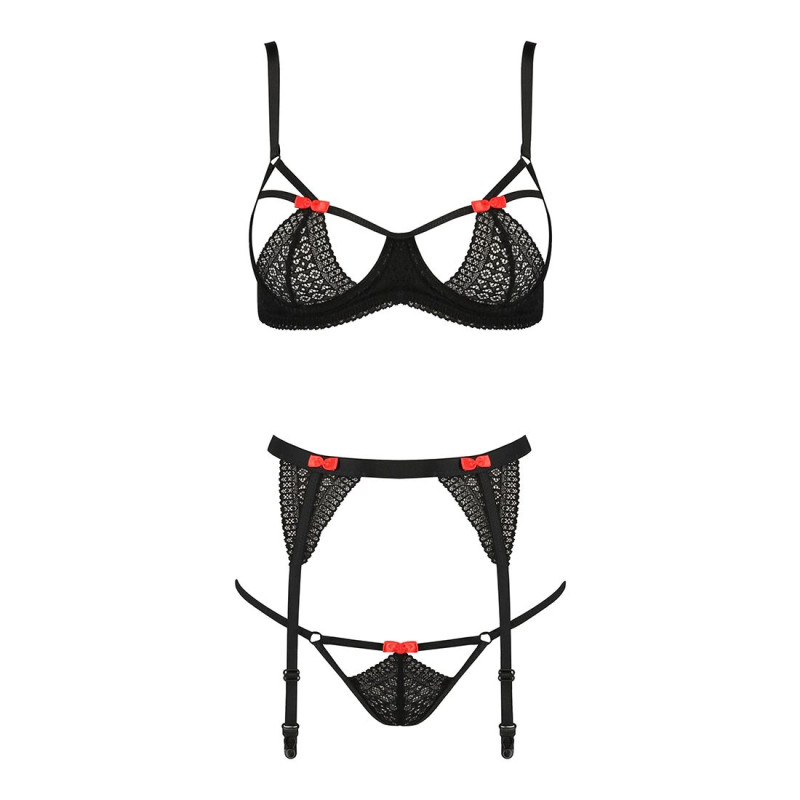 Комплект білизни PERDITA SET black L/XL - Passion Exclusive: стрепи: ліф, стрінги і пасок для панчіх