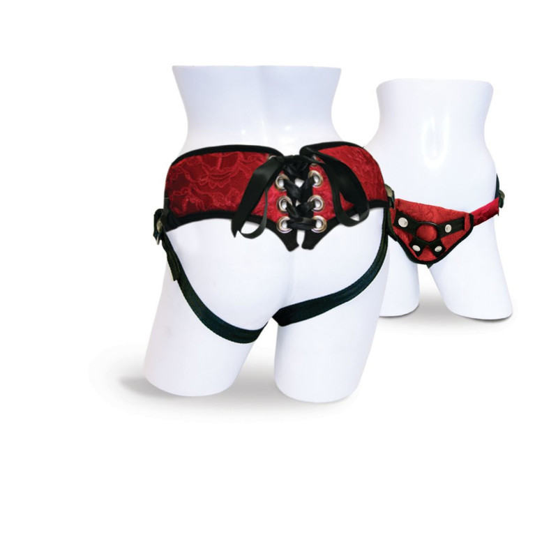 Труси для страпона Sportsheets - Lace Corsette Strap-on Red з корсетною утяжкою, дуже красиві