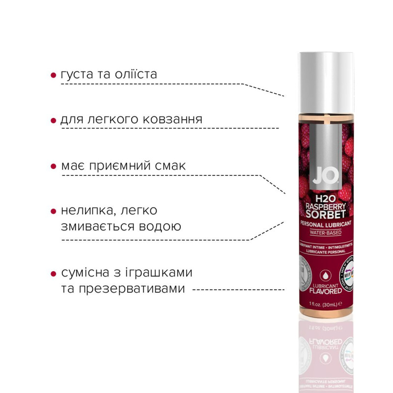 Їстівний лубрикант на водній основі JO H2O - Raspberry sobet (Малиновий Сорбет) 30 мл, без цукру