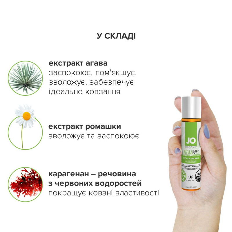 Лубрикант на водній основі JO NATURALOVE - ORGANIC (30 мл) з екстрактом листя агави і ромашки
