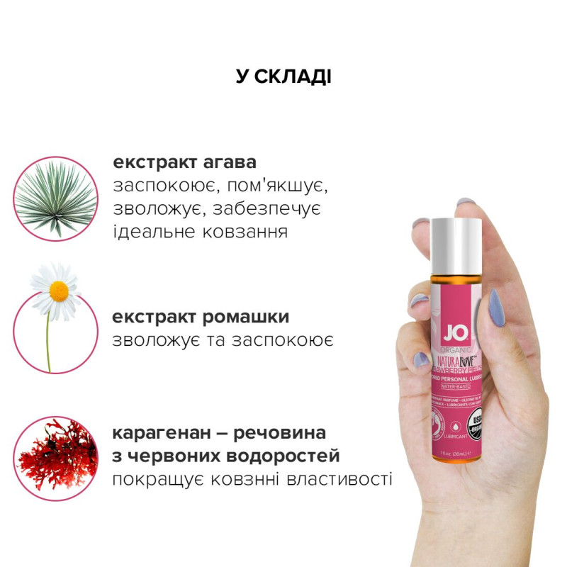 Їстівний лубрикант на водній основі JO Naturalove - Strawberry (Полуниця) 30 мл, з екстрактом ромашки та листя агави