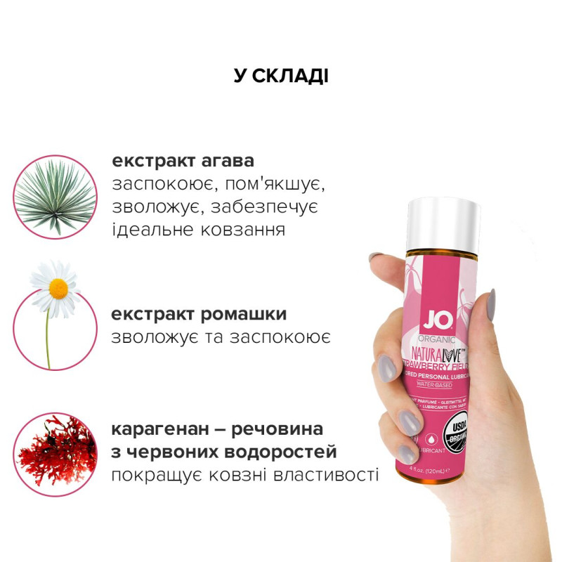 Їстівний лубрикант на водній основі JO NATURALOVE Полуниця (120мл) з екстрактом ромашки і листя агави