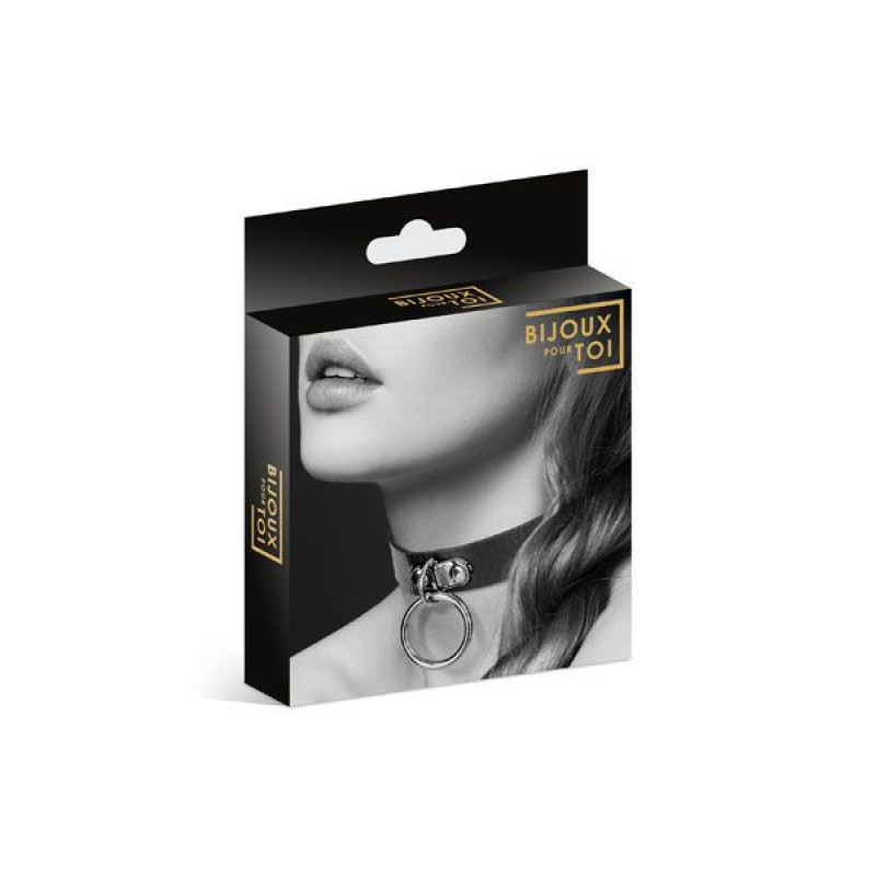 Чокер з кільцем для повідка Bijoux Pour Toi - FETISH Black, екошкіра