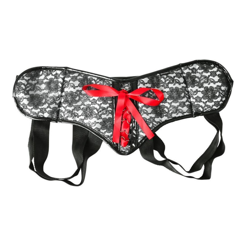 Труси для страпона Sportsheets - SizePlus Grey and Black Lace Corsette, широкий пасок, бант, мереживо