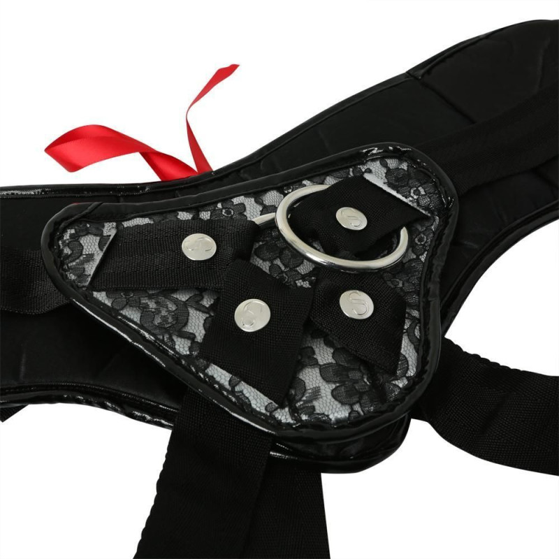 Труси для страпона Sportsheets - SizePlus Grey and Black Lace Corsette, широкий пасок, бант, мереживо