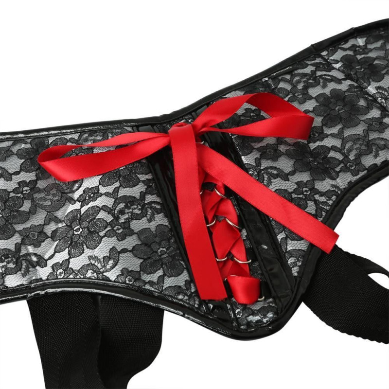 Труси для страпона Sportsheets - SizePlus Grey and Black Lace Corsette, широкий пасок, бант, мереживо