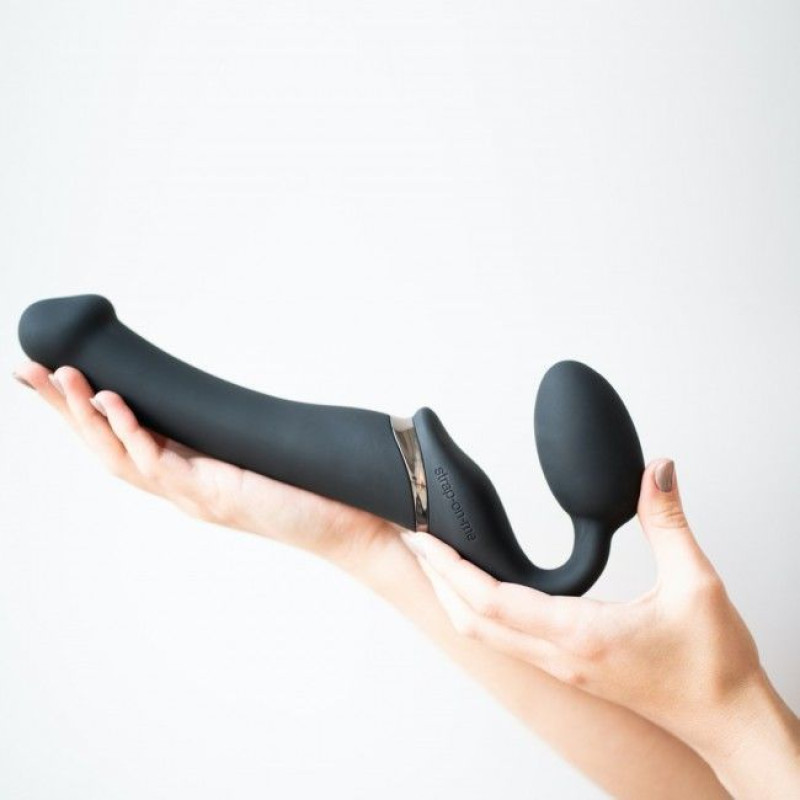 Безремневий страпон з вібрацією Strap-On-Me Vibrating Black M, діаметр 3,3см, пульт ДУ, регульований