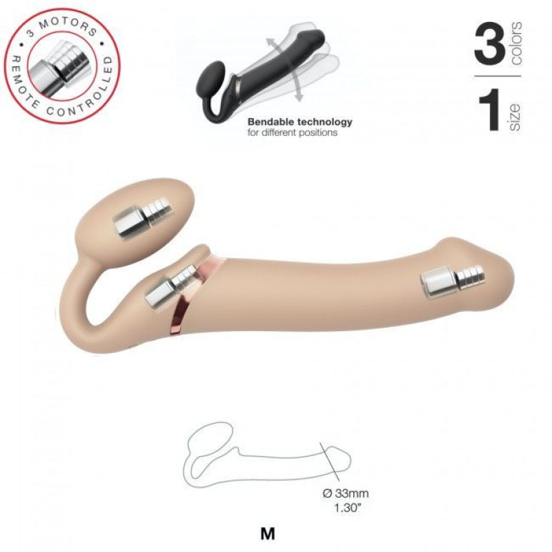 Безремневий страпон з вібрацією Strap-On-Me Vibrating Flesh M, діаметр 3,3см, пульт ДУ, регульований