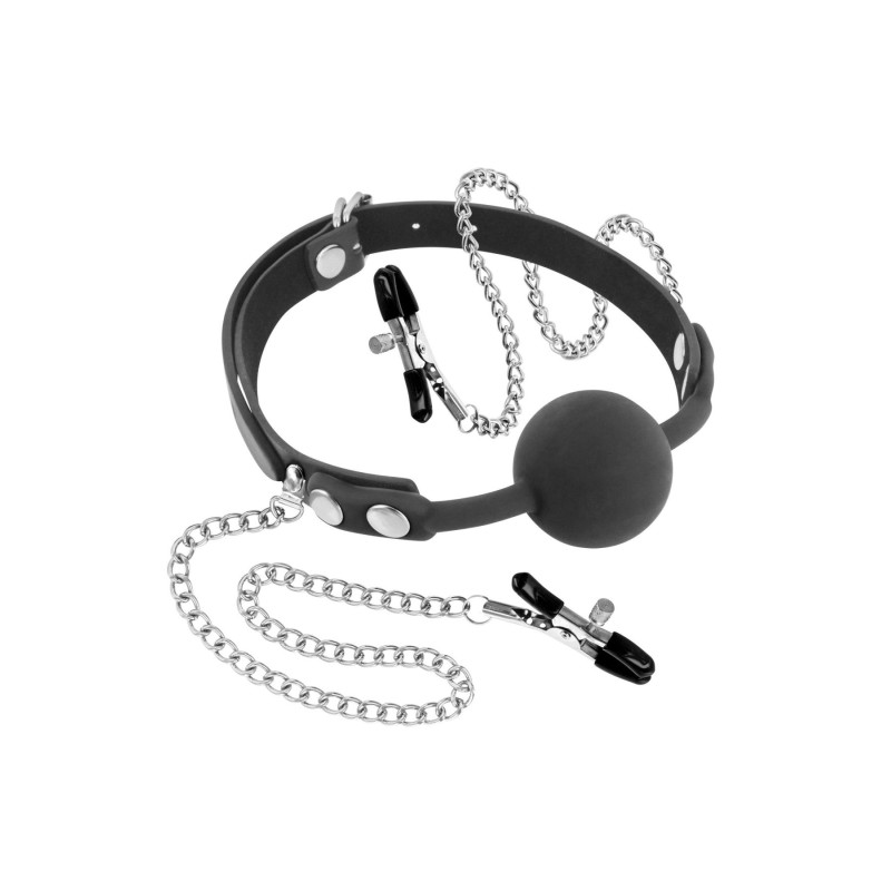 Кляп з силіконовим кулькою і зажимами для сосків Fetish Tentation Gag Ball with Nipple Clamps