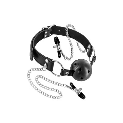 Повітропроникний кляп з зажимами для сосків Fetish Tentation Rigid Gag Ball