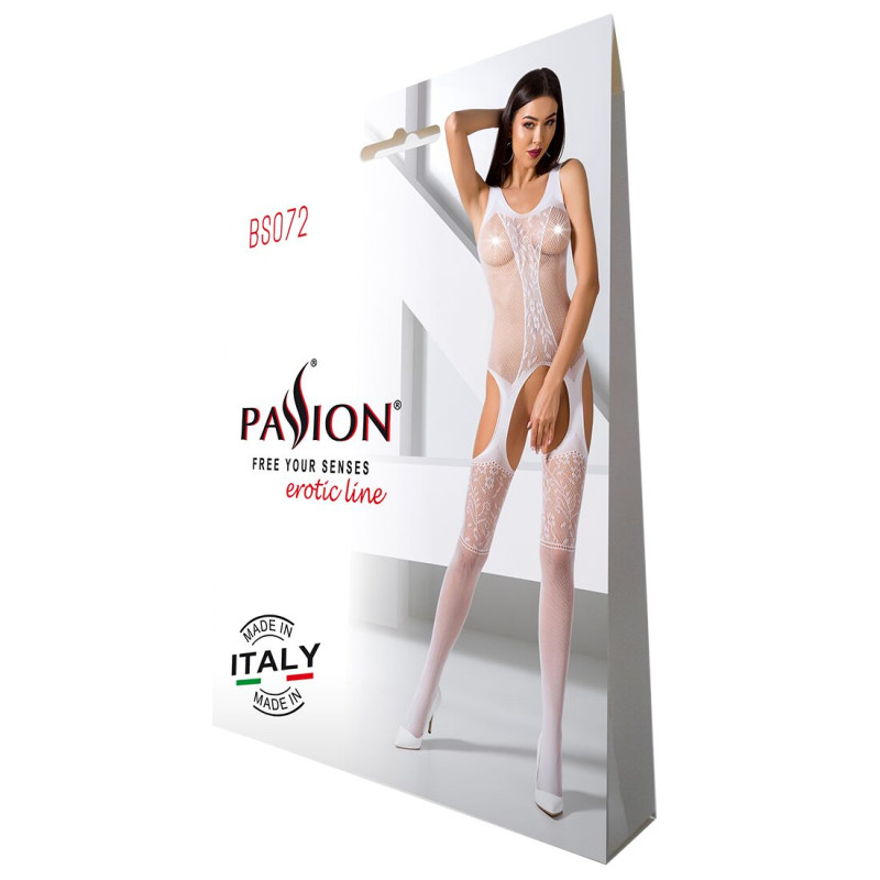 Еротичне бодістокінг з імітацією панчіх і ажурною вставкою Passion BS072 white