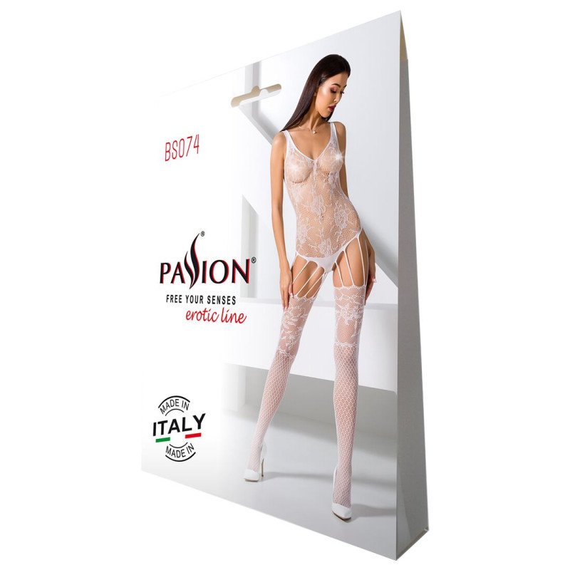 Ажурний еротичне бодістокінг з імітацією панчіх Passion BS074 white