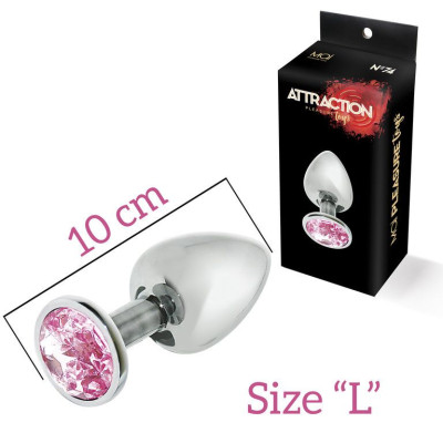 Металева анальна пробка з рожевим кристалом MAI Attraction Toys №74, довжина 10см, діаметр 4 см