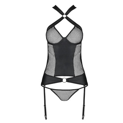 Сітчатий комплект корсет з халтером, знімні підвязки та трусики Amanda Corset black L/XL - Passion