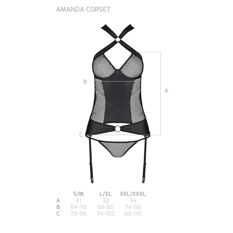 Сітчатий комплект корсет з халтером, знімні підвязки та трусики Amanda Corset black L/XL - Passion